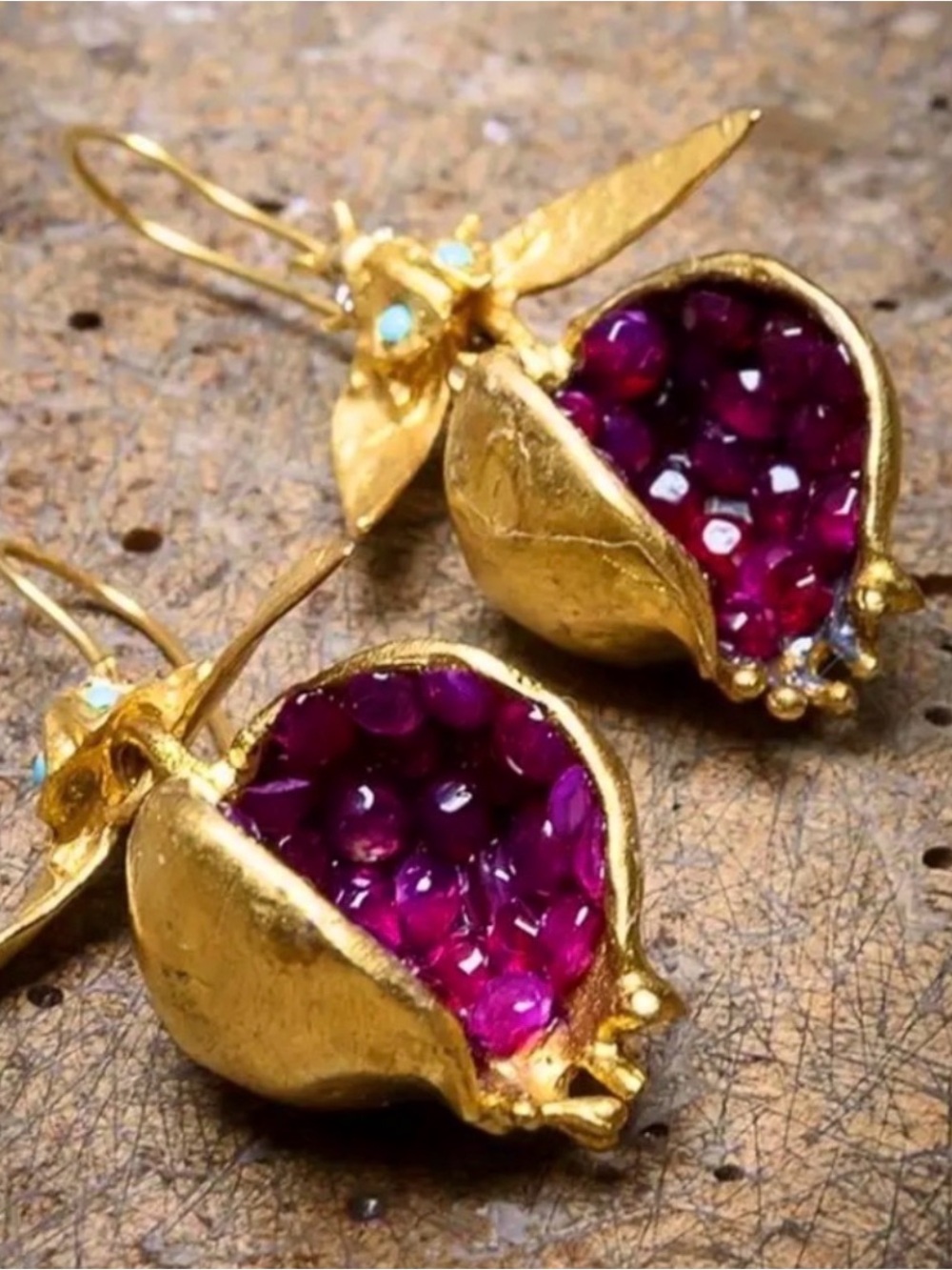 Jeweled Pomegranate Gold Dangle Unique Earrings